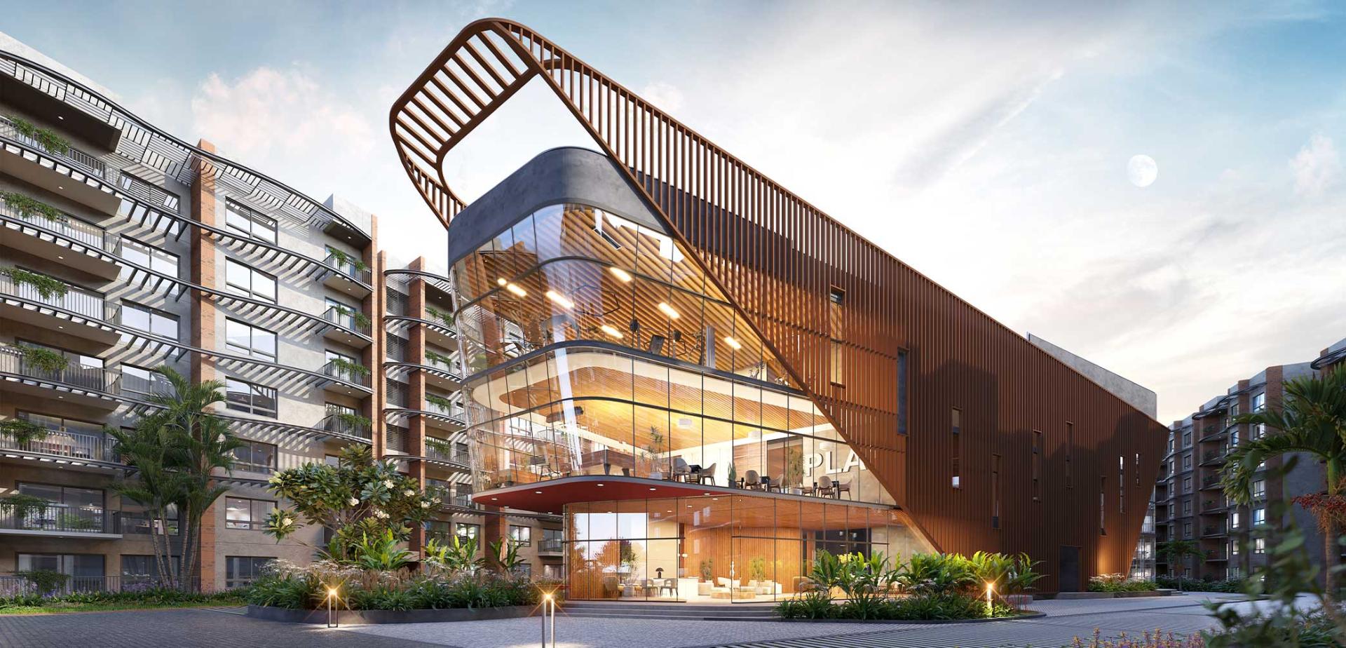 Project 1 Yelahanka signature clubhouse architecture with timber louvres