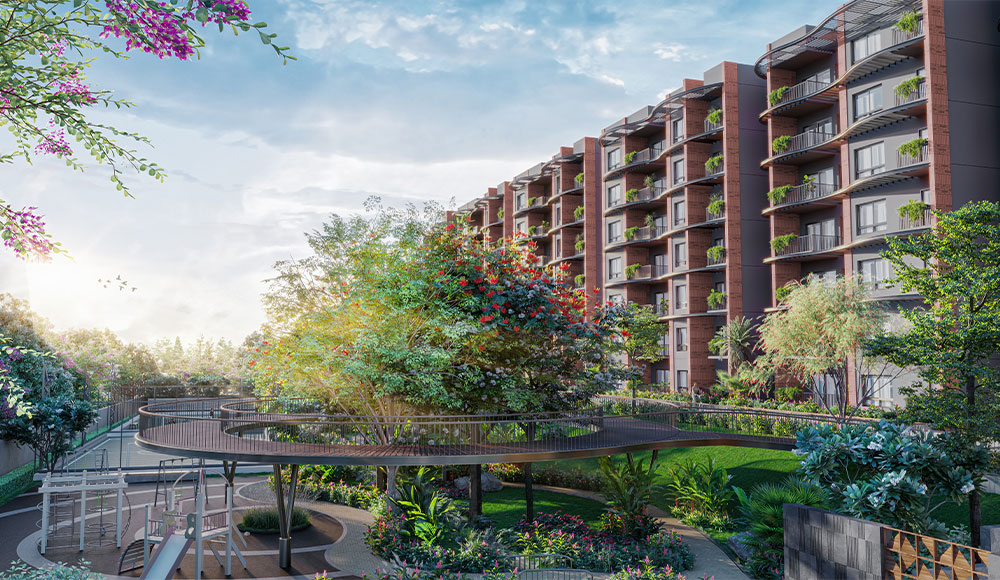 Landscaped walkthrough with pergola bridge at Project 1 Yelahanka