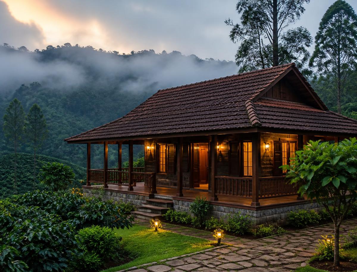 Premium timber and stone farm cottage with a veranda overlooking coffee estate greenery at Project 2 Sakleshpur