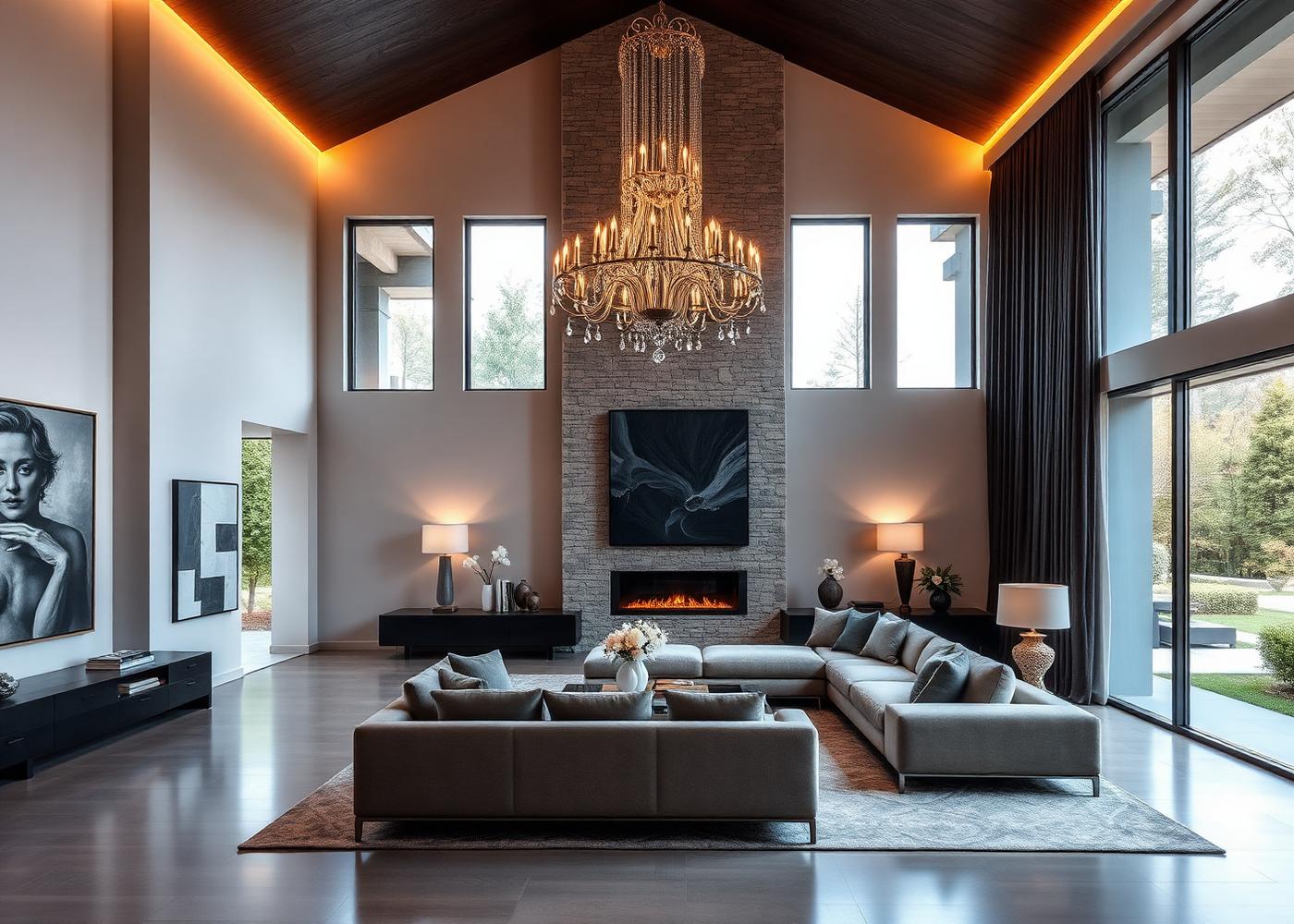 5 BHK villa interior in Devanahalli with double-height living room and statement chandelier