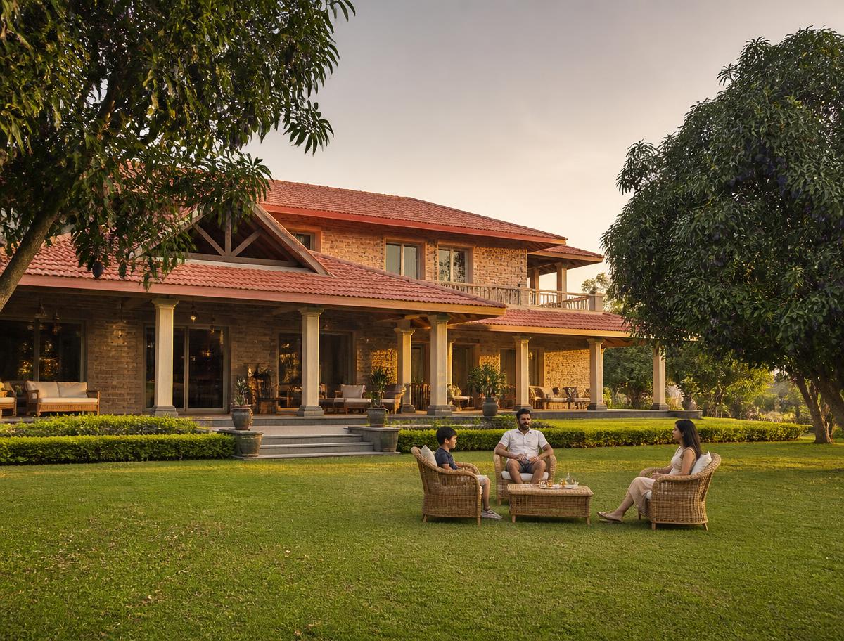 Farmhouse villa with a wide verandah and private lawn on a farm plot at Project 3 Lepakshi