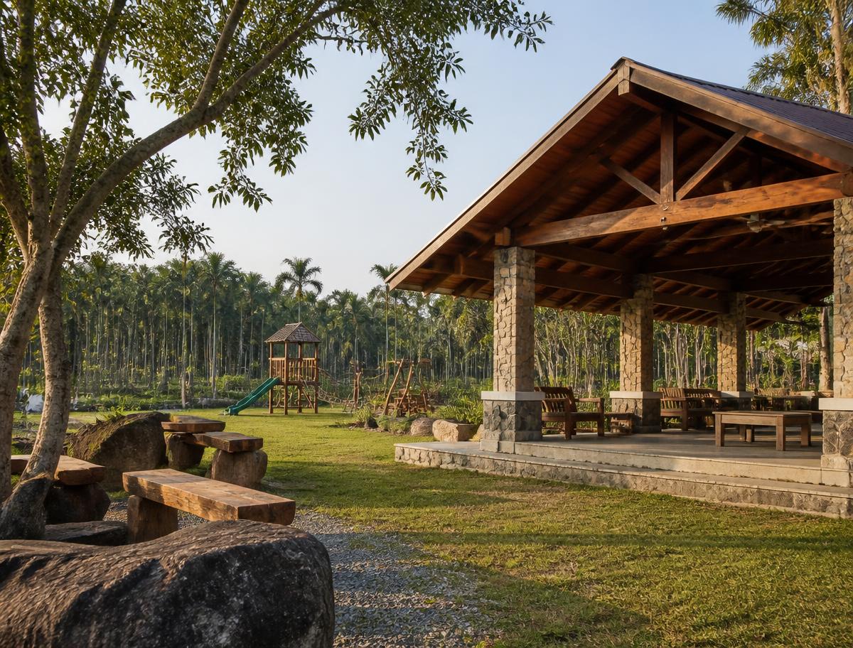 Community pavilion, lawn and children's play area at Project 1 Penukonda farmland