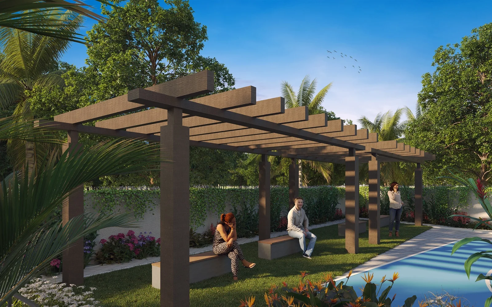 Pergola seating by the pool
