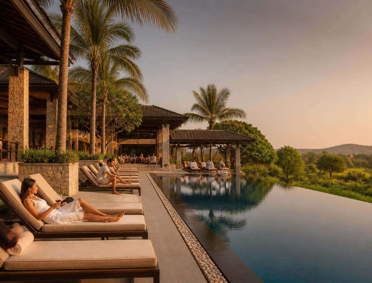 Resort-style clubhouse and infinity pool deck at the Project 3 Lepakshi managed farmland estate