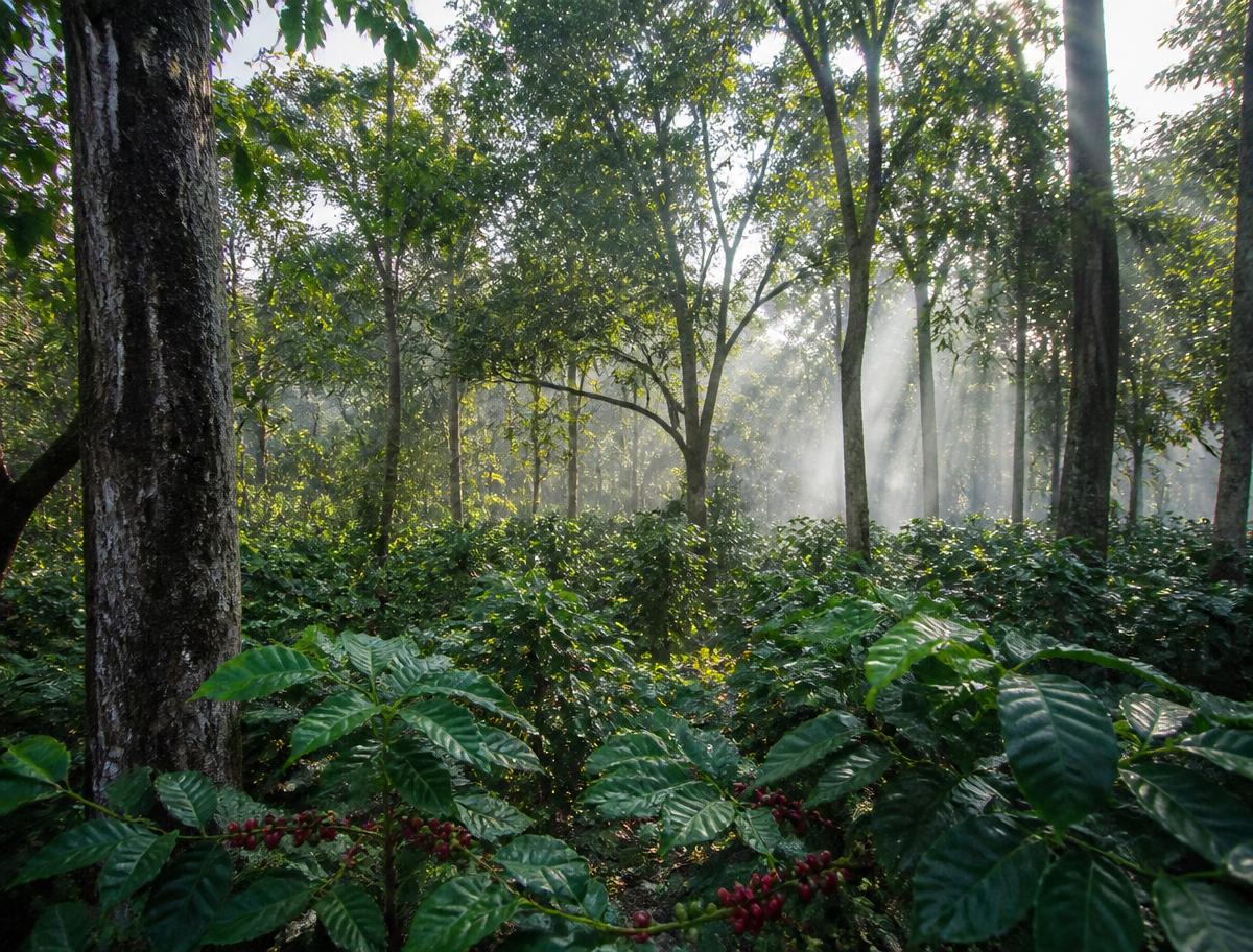 Arabica coffee bushes with ripening berries under mature silver oak shade trees at Project 2 Sakleshpur