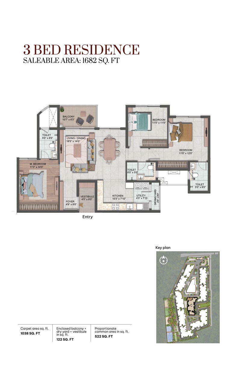 Project 1 Yelahanka 3 BHK Type 2A mirrored floor plan, 1682 sq. ft. saleable area