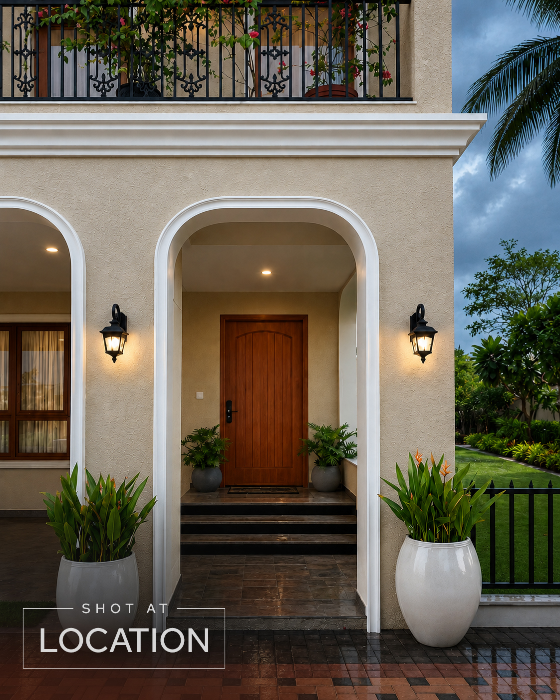 Arched entrance portico with lantern lighting at a Project 3 Yelahanka villa