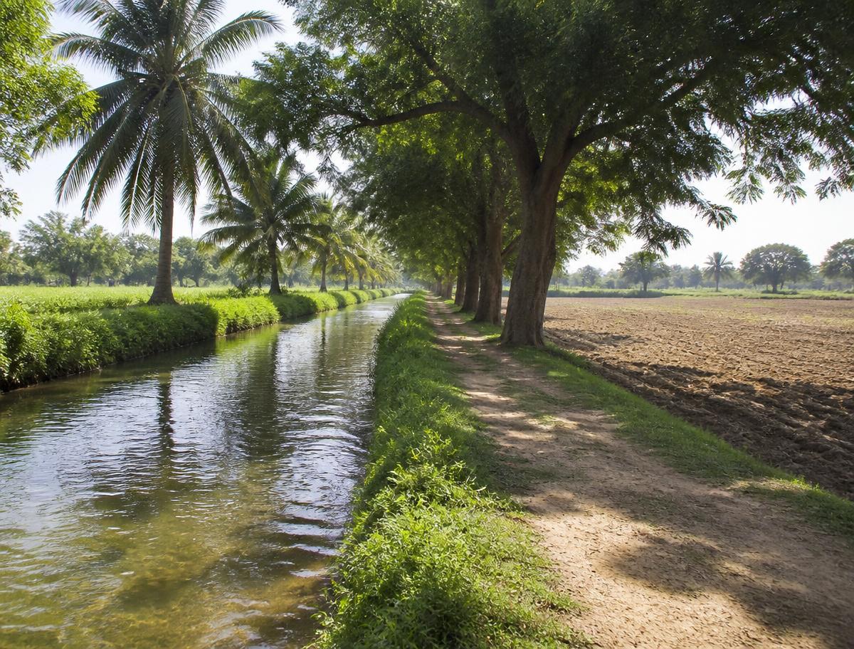 Irrigation canal edge and shaded walking trail alongside Project 1 Penukonda farmland