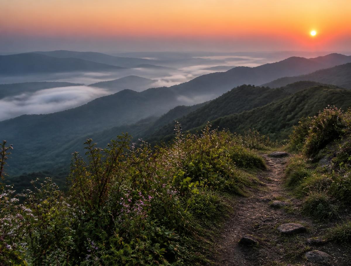 Misty layered Western Ghats ridges at sunrise with a trekking trail near Project 2 Sakleshpur