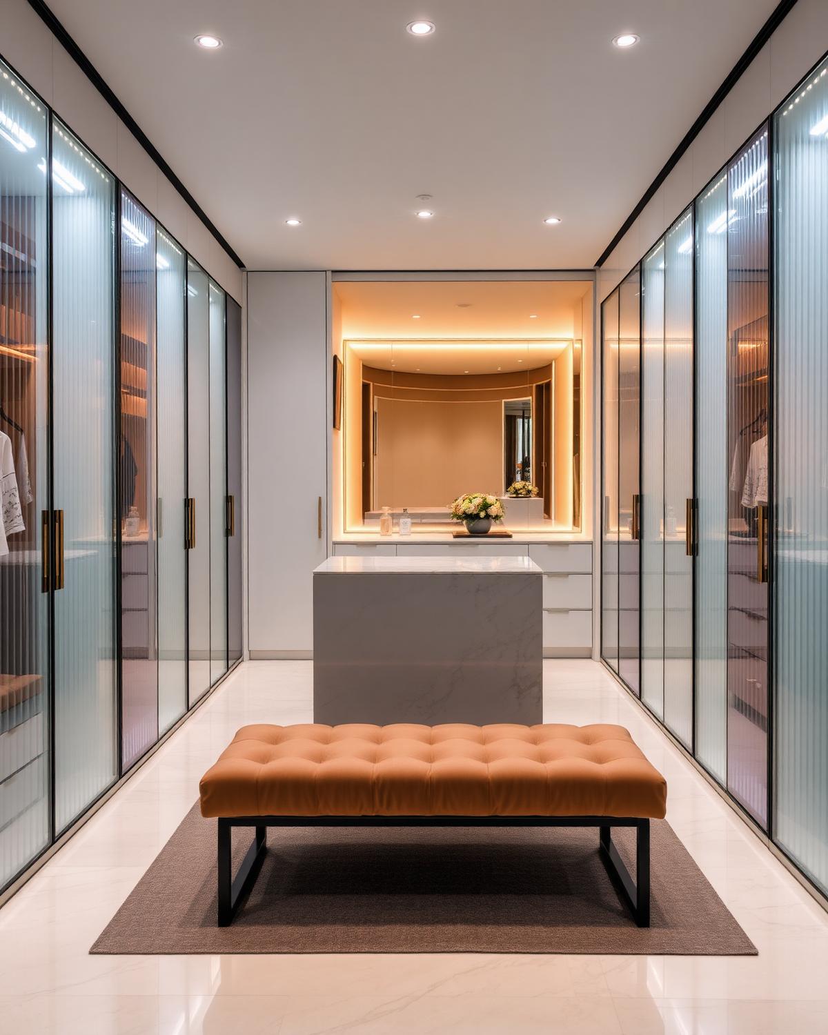 Luxury walk-in wardrobe moodboard with backlit fluted glass and marble island