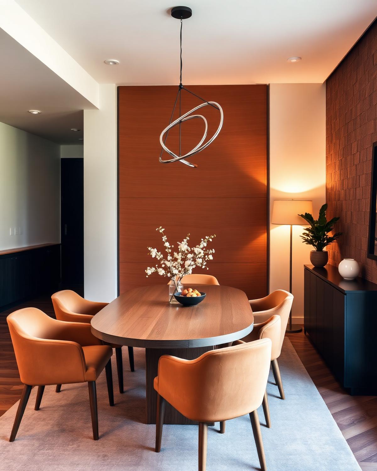 Contemporary dining room moodboard with sculptural pendant lights and ochre chairs
