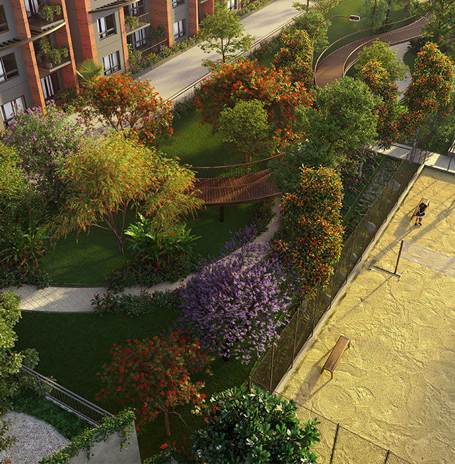 Aerial view of Project 1 Yelahanka landscape and walking trails