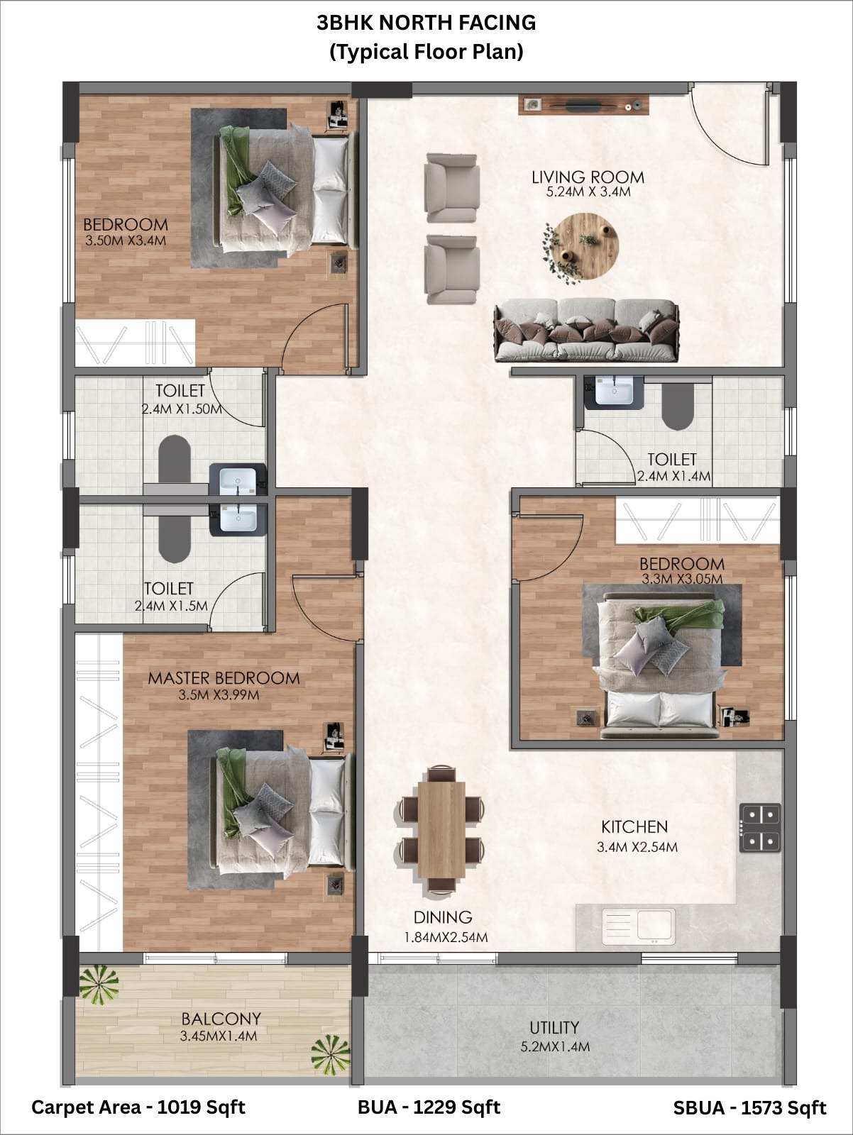 3 BHK · North Facing floor plan