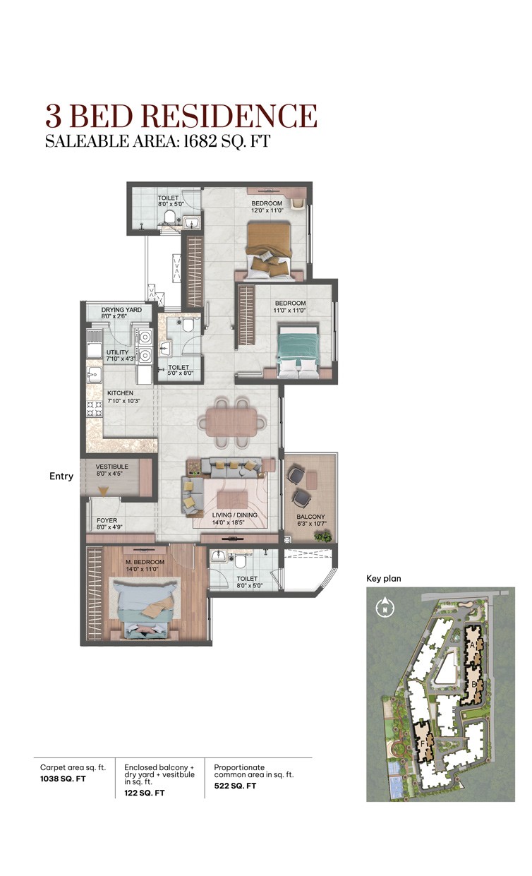 Project 1 Yelahanka 3 BHK Type 2 floor plan, 1682 sq. ft. saleable area