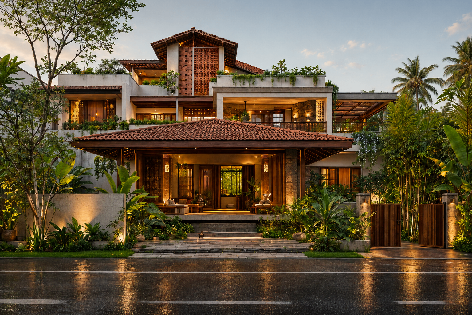 Contemporary Kerala luxury villa at twilight