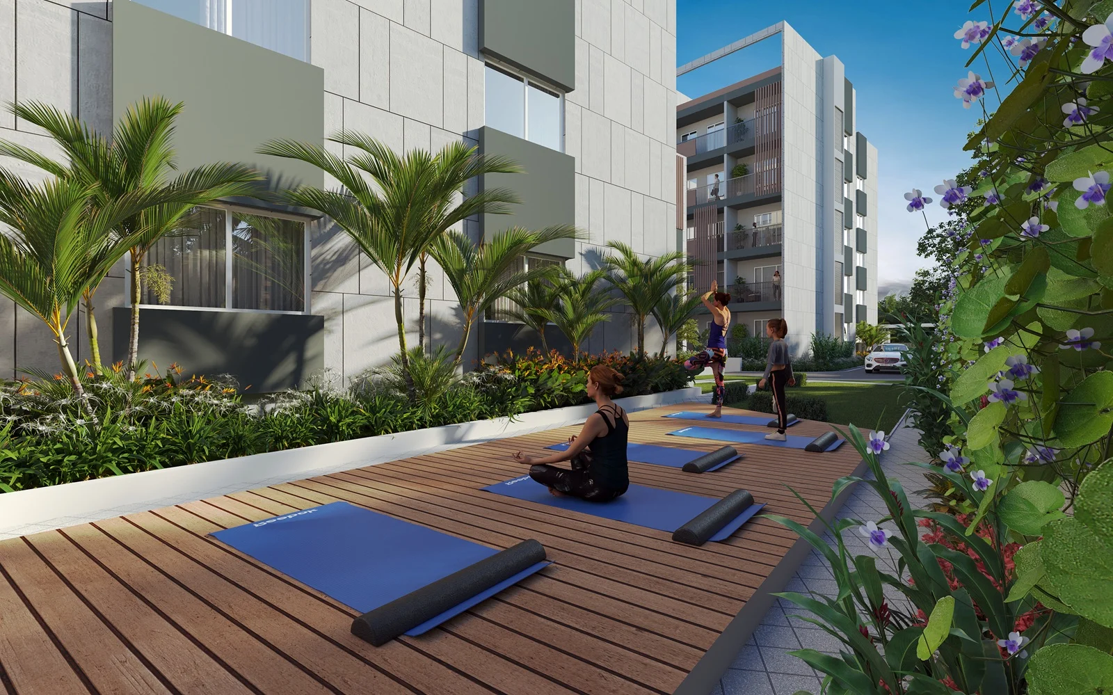 Open-air yoga deck framed by palms