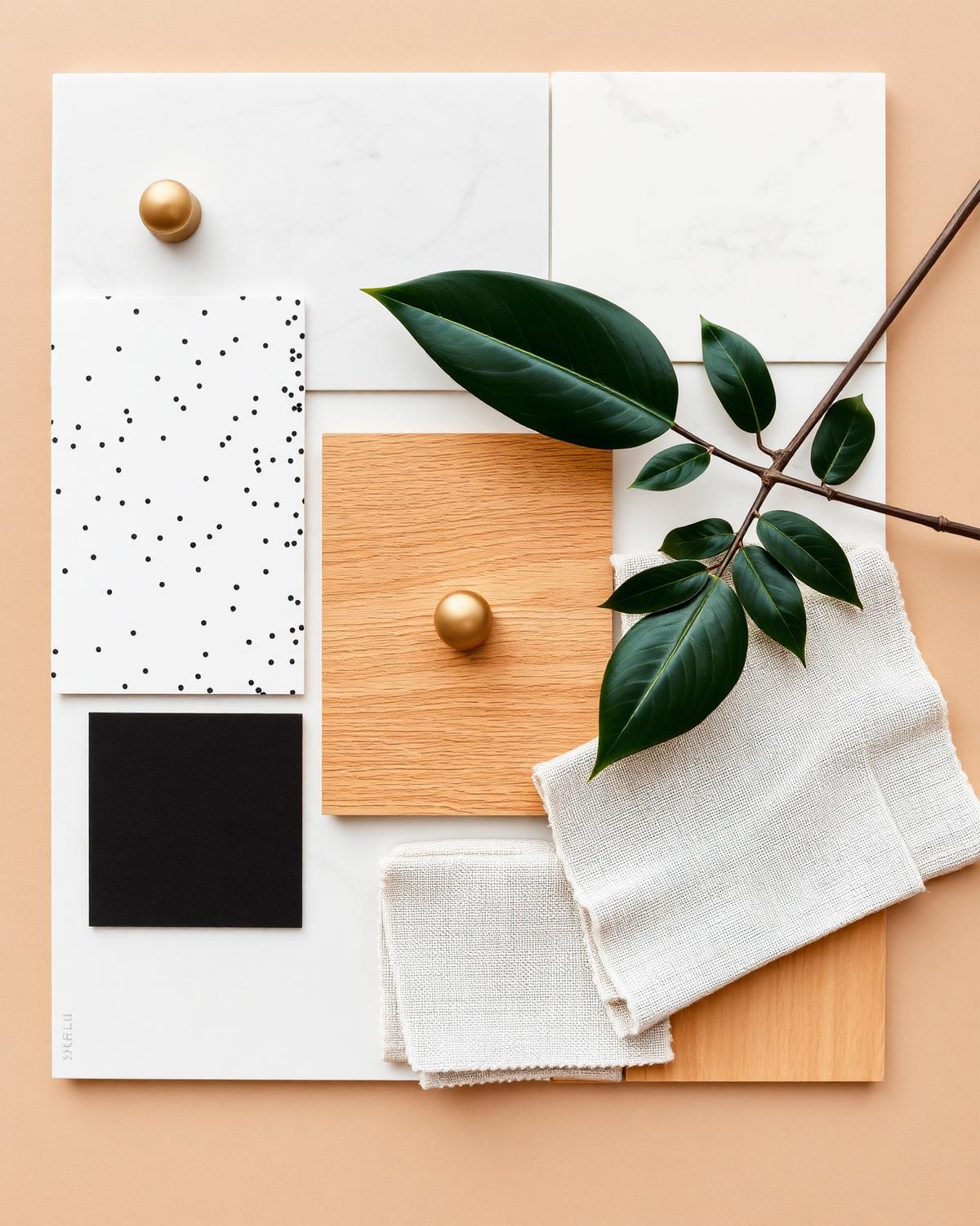 Interior design material palette moodboard with warm oak, terrazzo and brass finishes