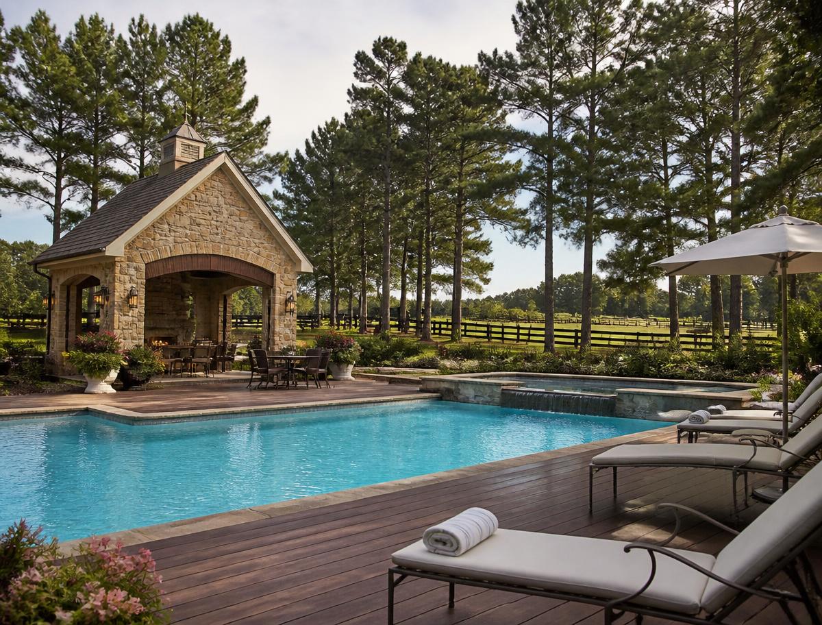 Swimming pool, timber deck and stone gazebo beside a landscaped lawn at the Project 4 Malavalli community amenities precinct