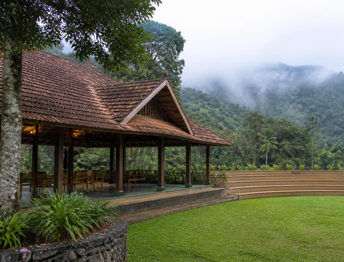 Traditional Malnad-style community pavilion and amphitheatre lawn at Project 2 Sakleshpur