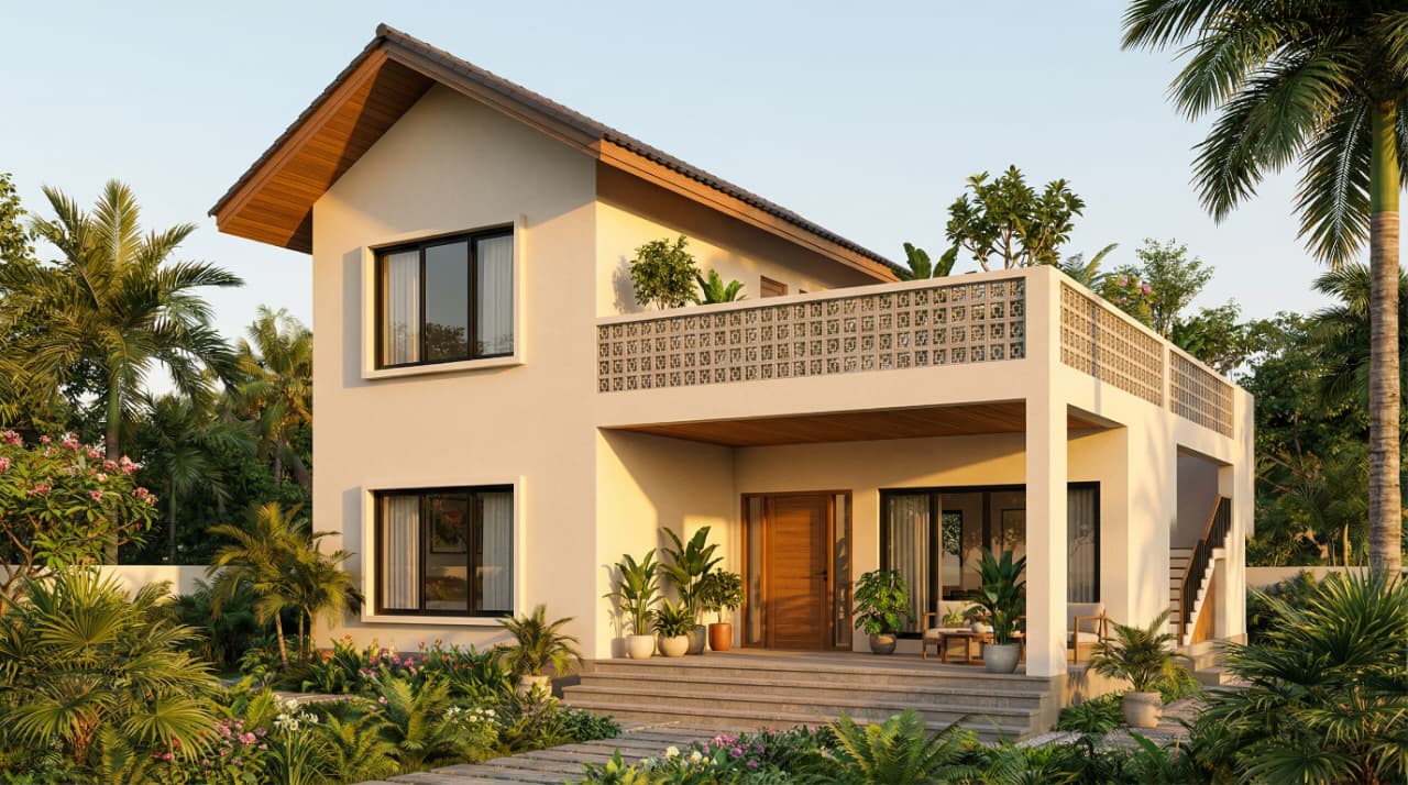 Warm two-storey Kerala home with tiled gable roof, jaali balcony parapet and lush garden entrance