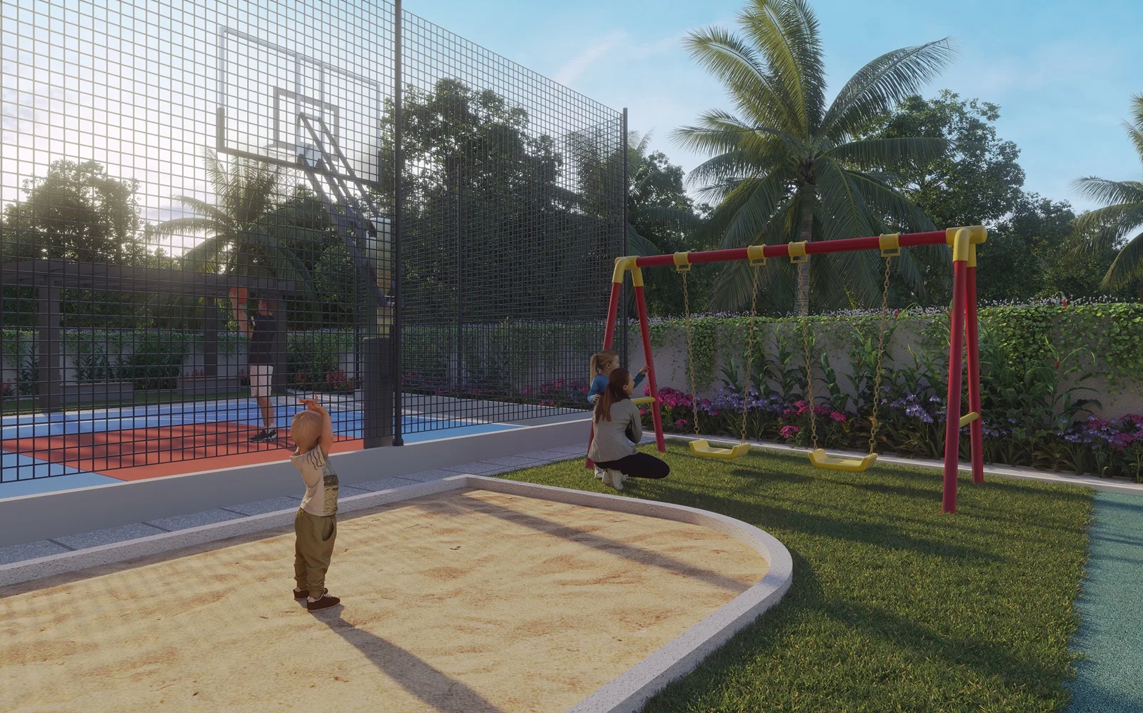 Kids' play area with swings and court