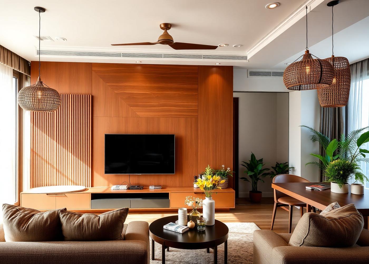 3 BHK Terra apartment interior in Yelahanka with fluted-panel TV wall and warm earthy palette