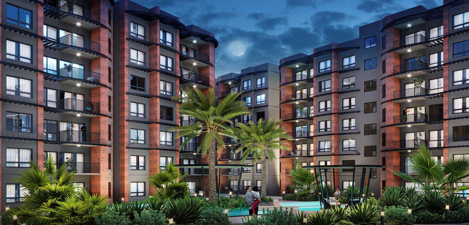 Project 1 Yelahanka landscaped inner courtyard at night with pool