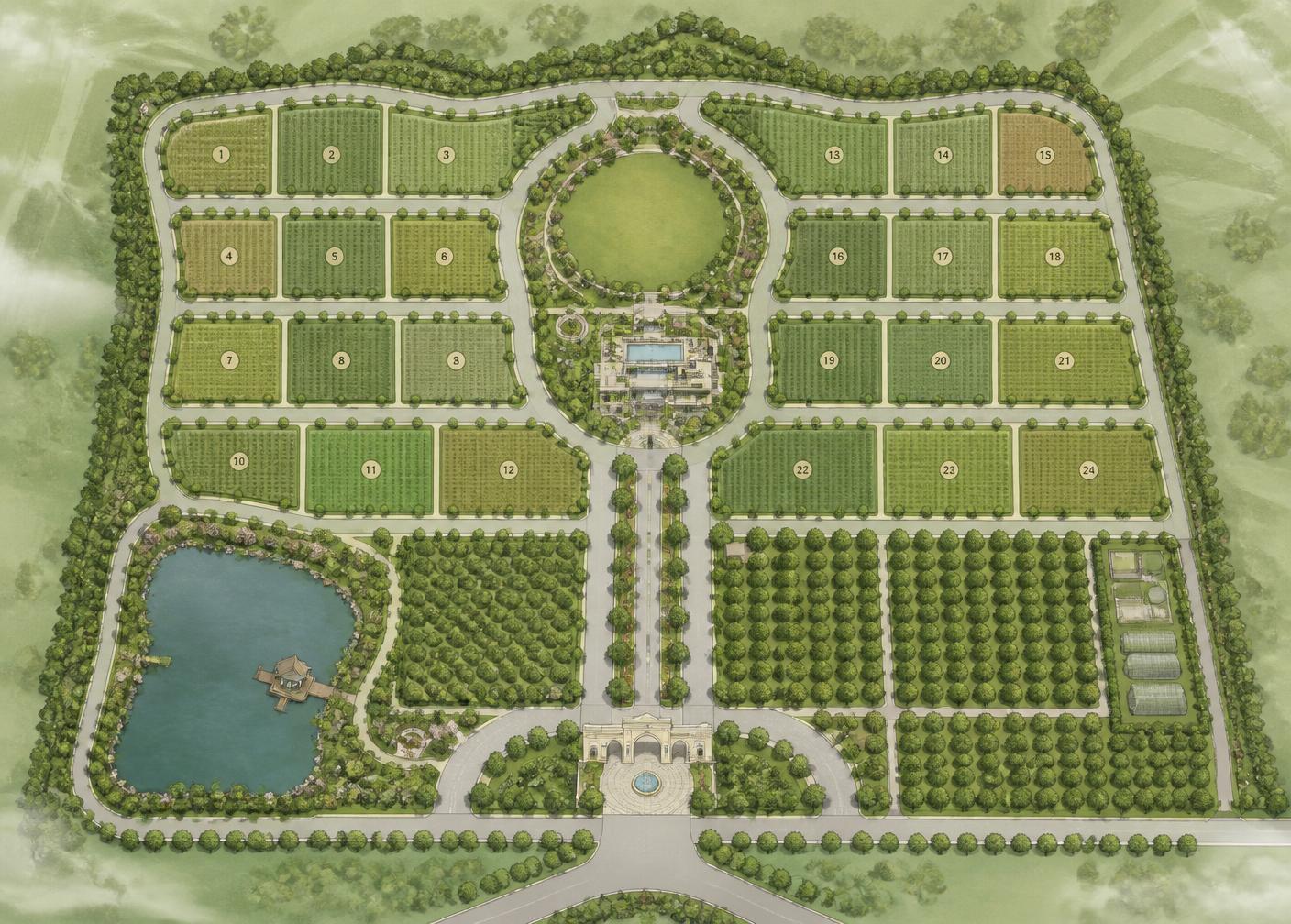 Project 3 Lepakshi master plan showing farm plot clusters, farmhouse zones, orchard blocks, clubhouse precinct, lake and green buffers