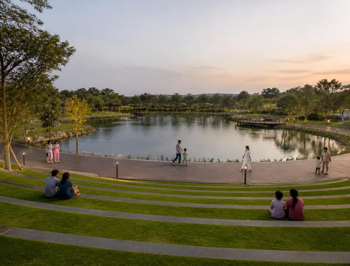 Landscaped lake with wooden deck, walking trail and amphitheatre lawn at Project 3 Lepakshi