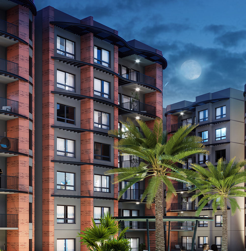 Project 1 Yelahanka residential tower facade illuminated at night