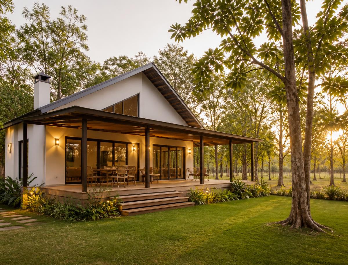 Modern farmhouse with a wide verandah and private lawn on a teak farm plot at Project 4 Malavalli