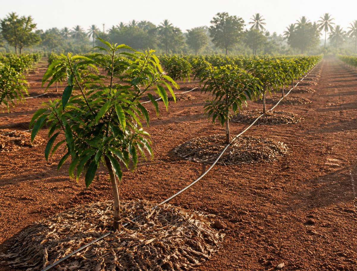 Drip-irrigated mango saplings in mulched rows at Project 1 Penukonda managed farmland