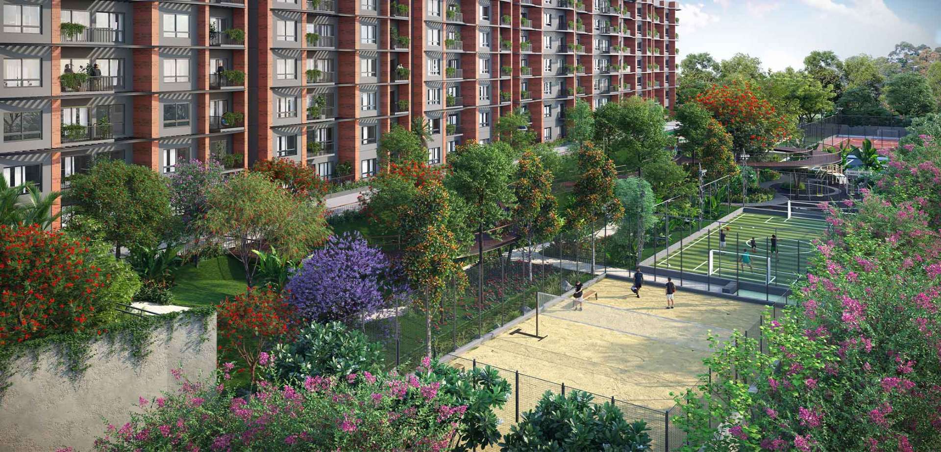 Curated landscaped gardens and sports zones at Project 1 Yelahanka