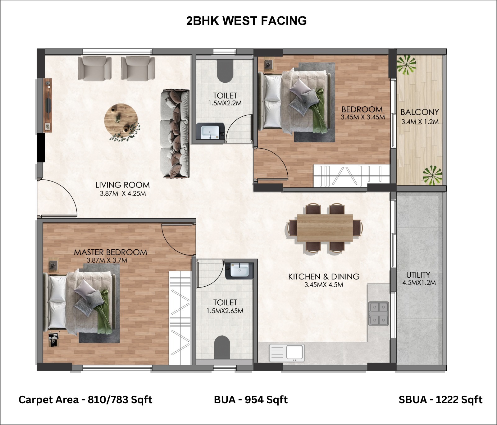 2 BHK · West Facing floor plan