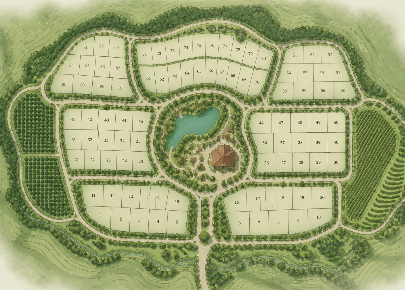 Project 2 Sakleshpur master plan showing farm plot layout, farmhouse zones, internal roads, green buffers, central pond and plantation blocks