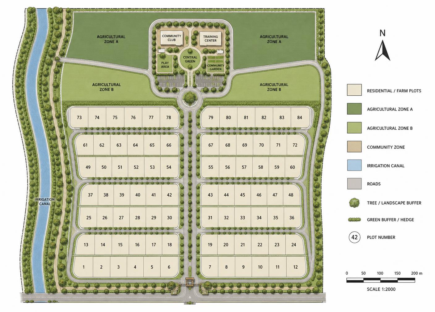 Project 1 Penukonda master plan showing plot layout, internal roads, green buffers, canal edge and agricultural zones