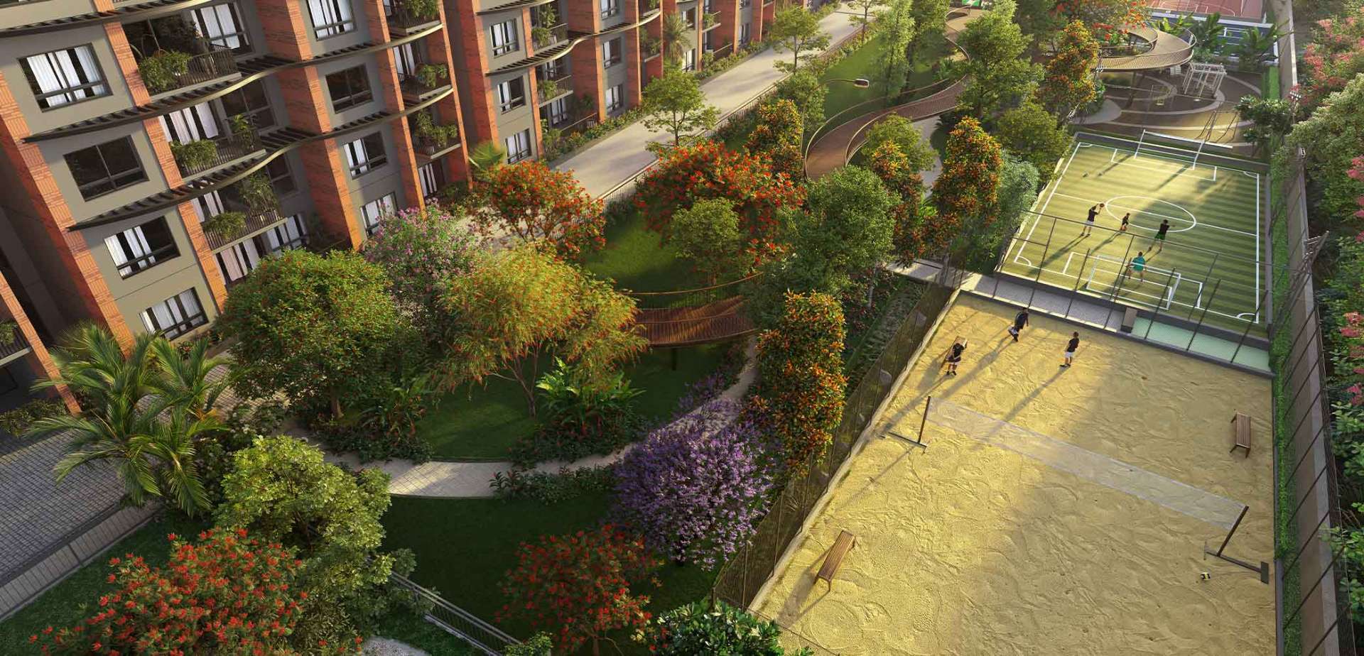 Aerial view of Project 1 Yelahanka landscaped gardens with sports courts and green open spaces