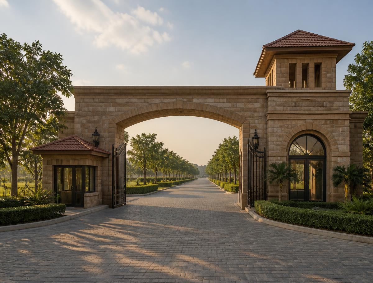 Stone entry arch, gatehouse and tree-lined boulevard at the entrance to Project 3 Lepakshi