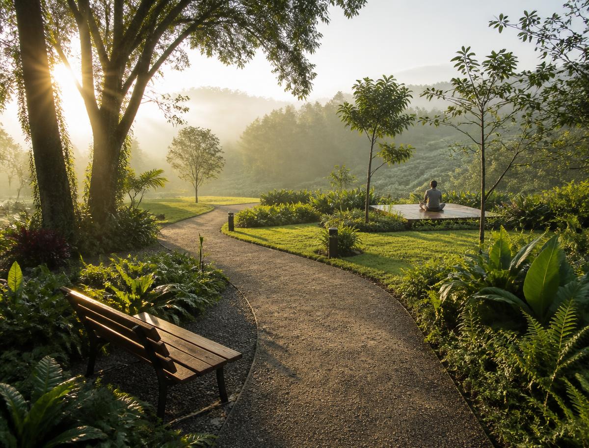 Landscaped walking trail, meditation deck and open lawn winding through the plantation at Project 4 Malavalli