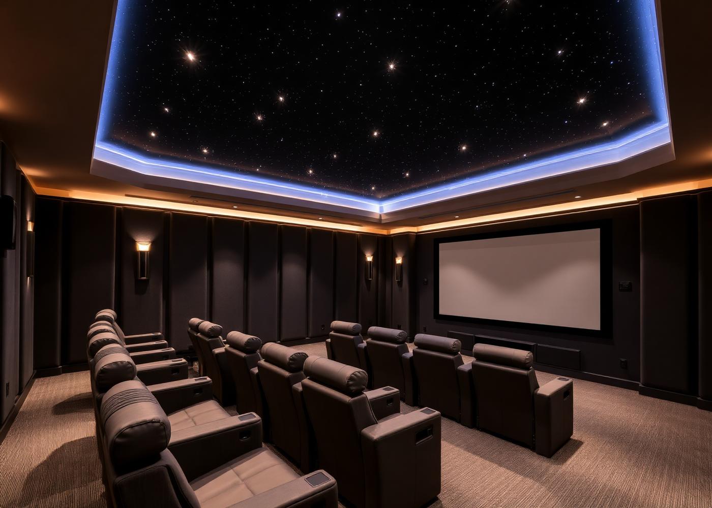 Nine-seat home theatre in Sahakar Nagar with acoustic panelling and star-ceiling LED design