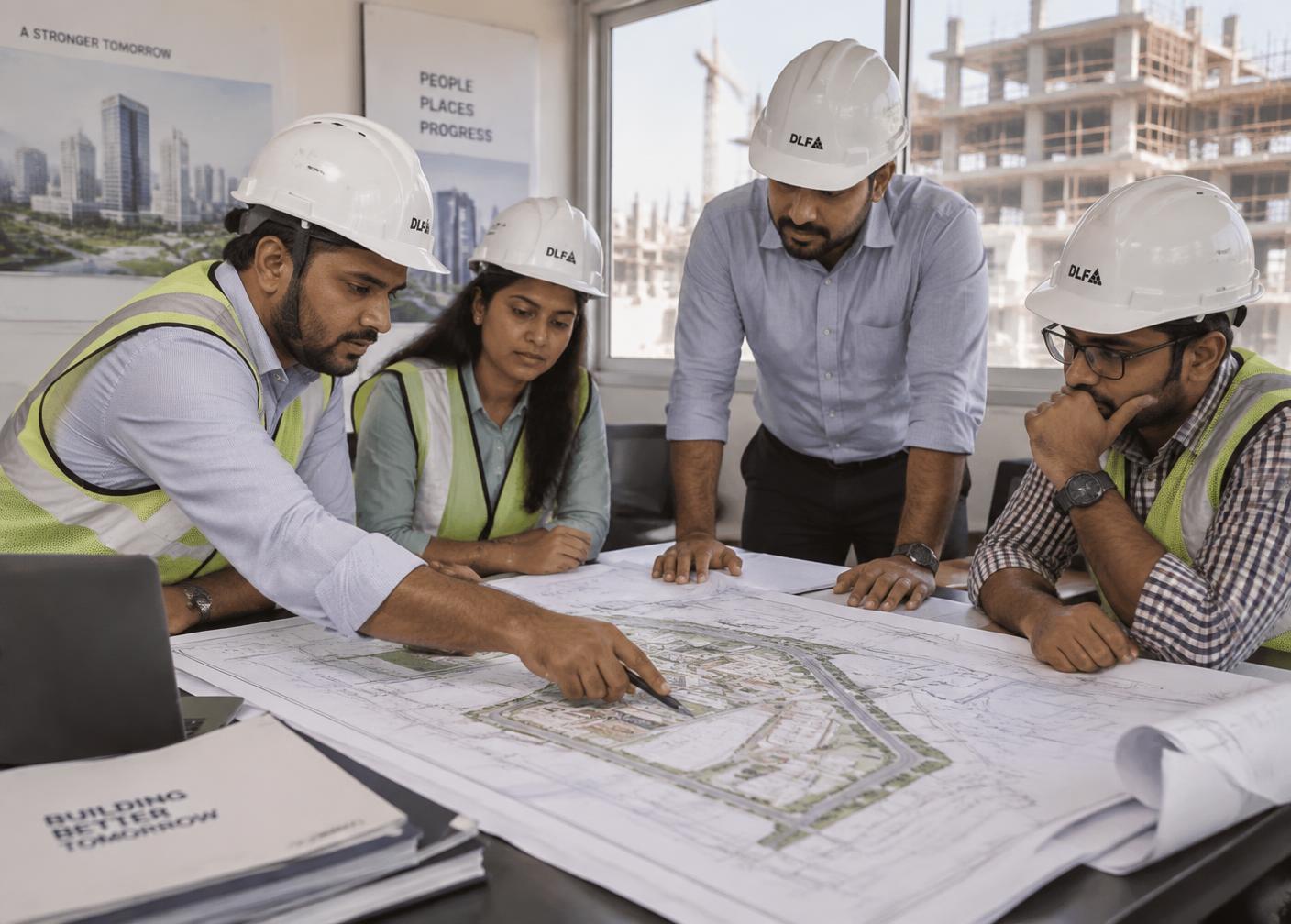 UrbanEarth Realty project team reviewing layout drawings at a site office