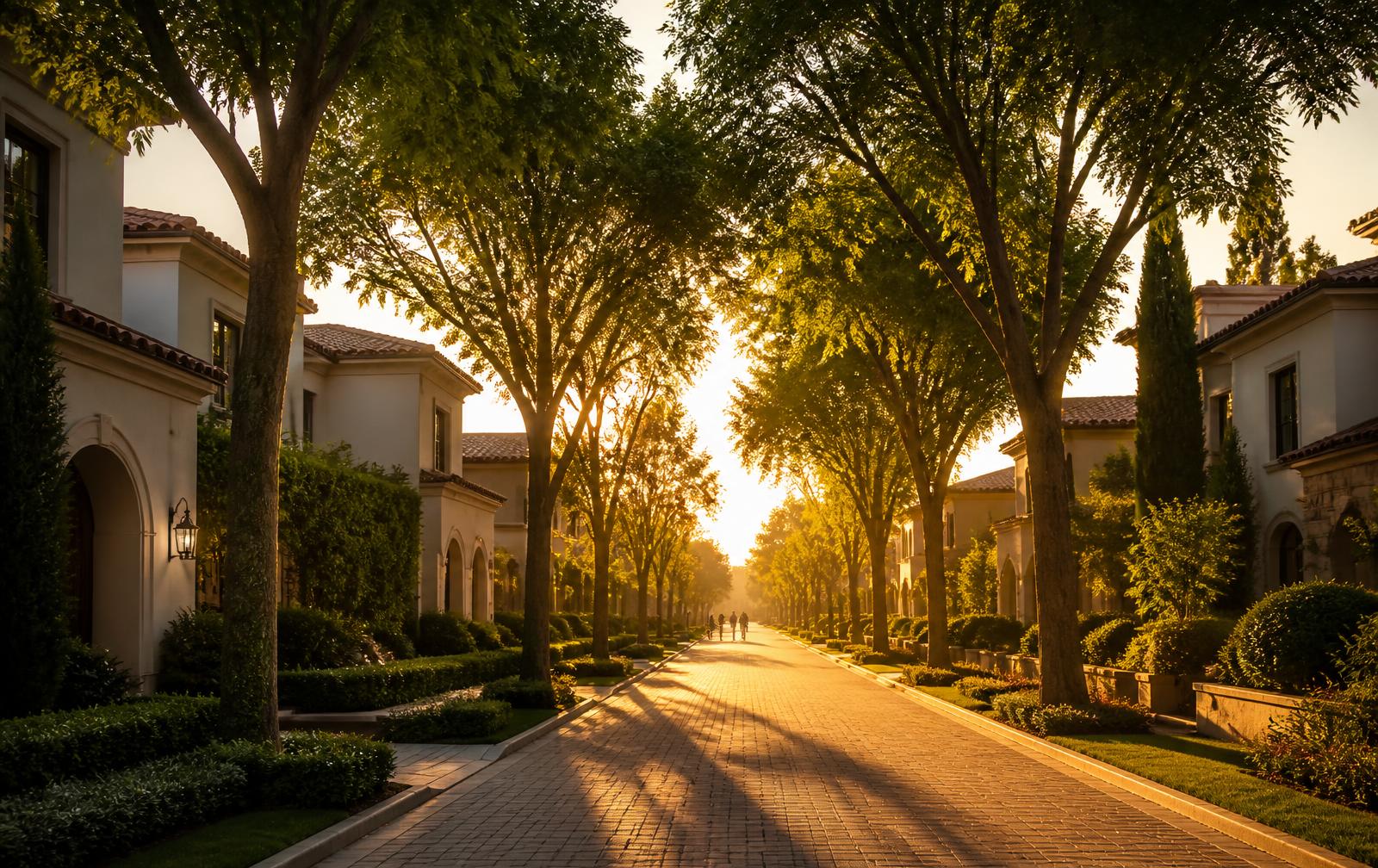 Tree-lined internal avenue through the Project 4 Yelahanka gated villa community at golden hour