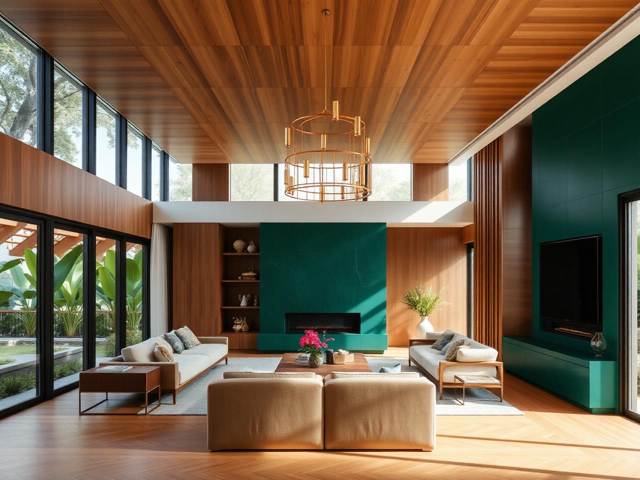 Warm modern living room interior with wood paneling and ambient lighting